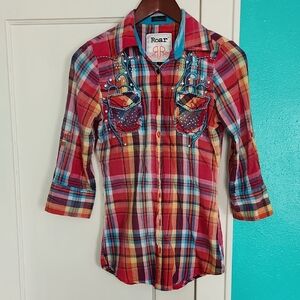 Roar Button Up Burnout Flannel With Back Zip & Rhinestones Size Small